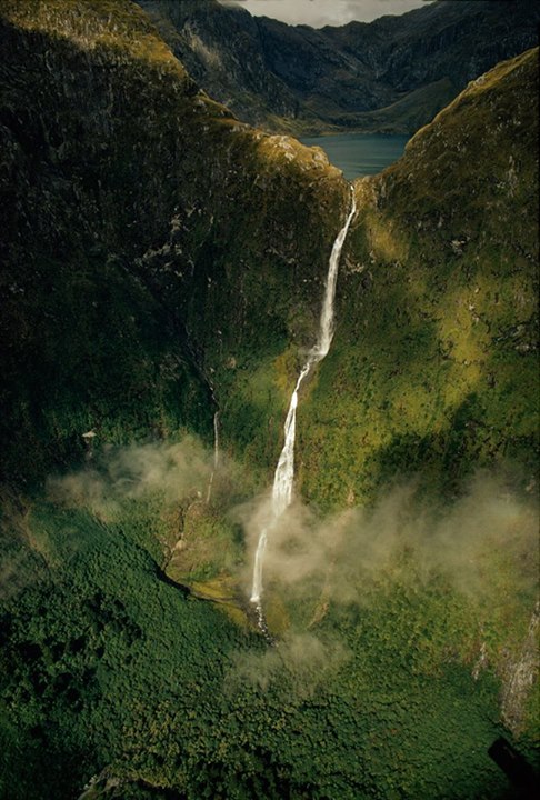 Sutherland Falls cascades down a 1,904-foot (580 meter) drop in New Zealand in 1972.jpg